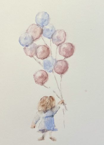 watercolor of little girl holding balloons