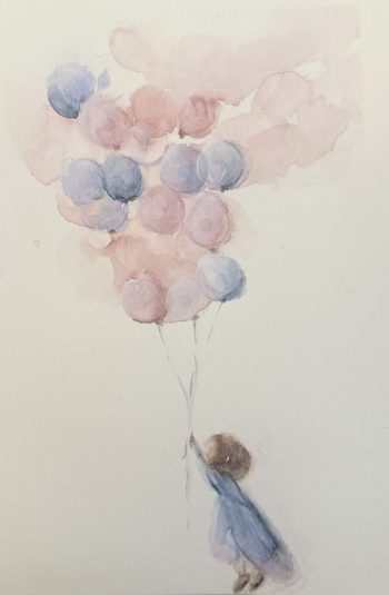 watercolor of child holding balloons