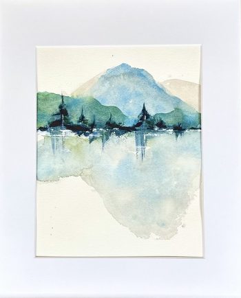 Semi Abstract watercolor painting of mountains and lake