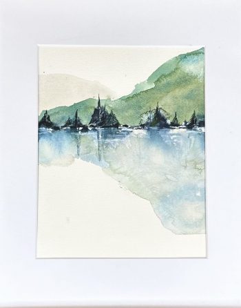 Semi Abstract watercolor mountain lake scene