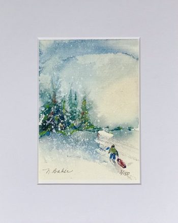 Watercolor child pulling red sled