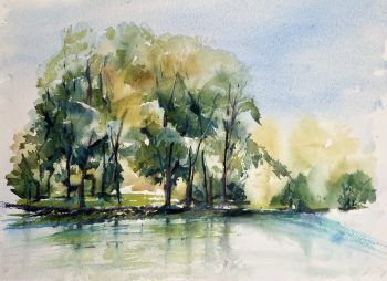 trees and lake watercolor
