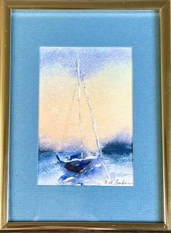 Watercolor painting of a sailboat a sunset